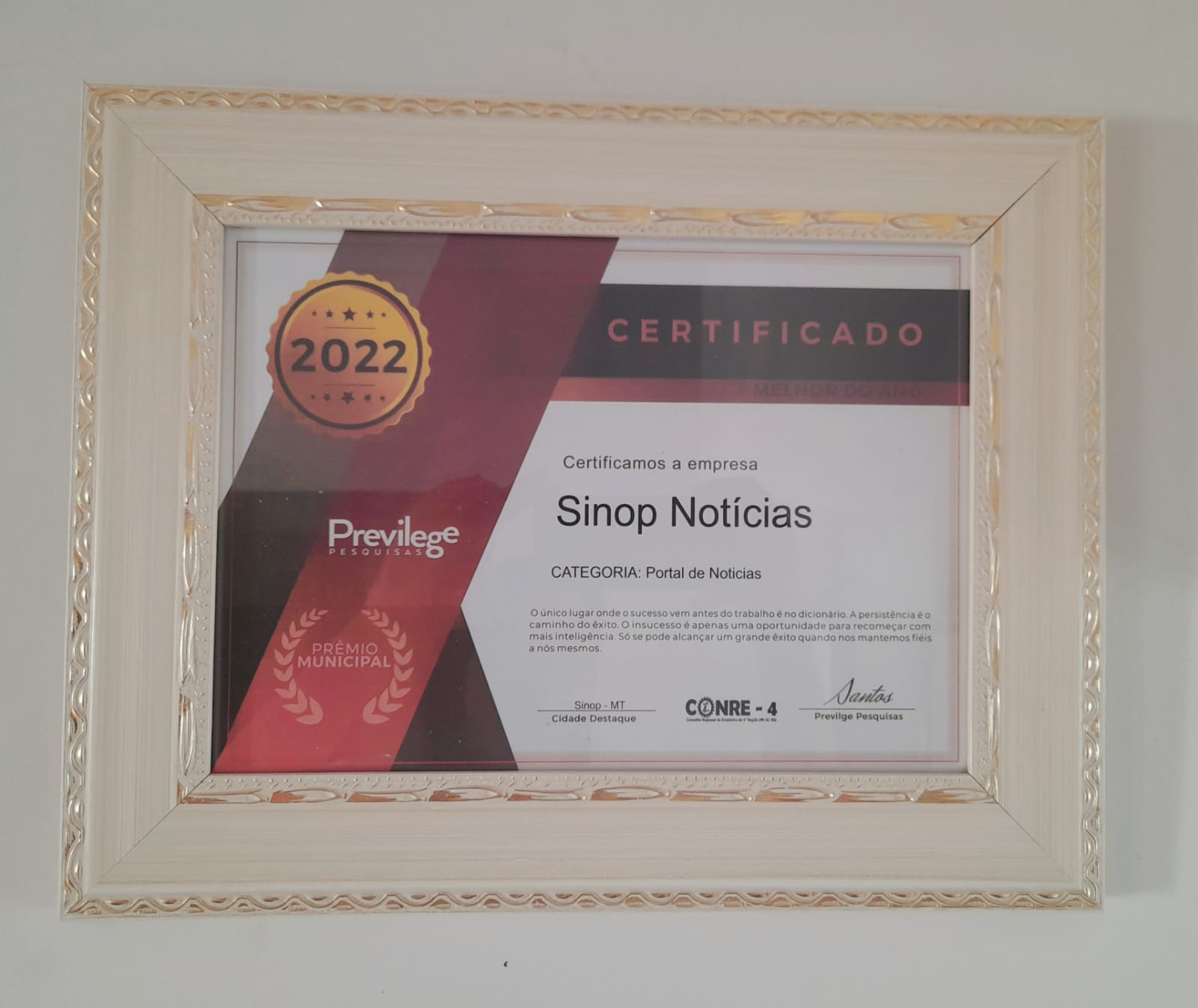 Pela segunda vez este ano o Site Sinop Notícias é premiado com o certificado de qualidade